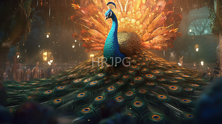 High Resolution: Elaborate avian creature with vibrant blue and green plumage displaying its large fan of iridescent feathers to a mesmerized audience under warm lighting within a mystical forest-like setting download. | HRJPG.com
