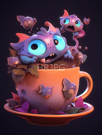 High Resolution: Adorable purple-scaled monster with large blue eyes and small fangs emerging from inside an orange teacup filled with colorful leaves on its rim against a dark background download. | HRJPG.com