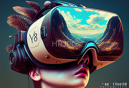 High Resolution: Asian figure wears futuristic head-mounted display reflecting a mountainous landscape and blue sky with a feathered headpiece black headphones and pink lipstick download. | HRJPG.com