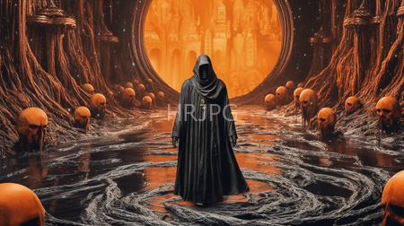 High Resolution: Ominous hooded figure in dark robes stands at the center of eerie swamp-like terrain with swirling water and floating skulls under a glowing orange circular portal download. | HRJPG.com
