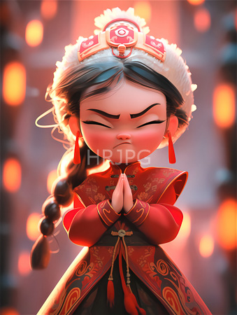 High Resolution: Anime-style young girl with fair skin closed eyes in concentration and pink cheeks praying with hands clasped together wears traditional attire with red tassels download. | HRJPG.com