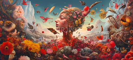 High Resolution: Ethereal figure with fair skin and blonde hair adorned in vibrant flowers surrounded by colorful butterflies birds mountains and vivid flora against a dreamy sky backdrop download. | HRJPG.com