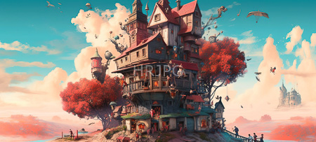 High Resolution: Enchanting multi-story wooden house with red roofs and intricate balconies perched on tree roots amidst vibrant autumn foliage under a bright blue sky download. | HRJPG.com