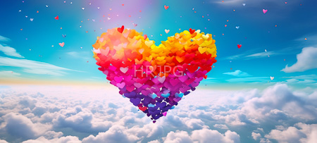 High Resolution: Vibrant multicolored heart composed of numerous small hearts floating above fluffy white clouds against a bright blue sky with scattered pink and yellow stars download. | HRJPG.com