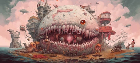 High Resolution: Enormous pink and white sea monster with sharp teeth stands on rocky terrain near water's edge surrounded by surreal architecture resembling floating castles download. | HRJPG.com