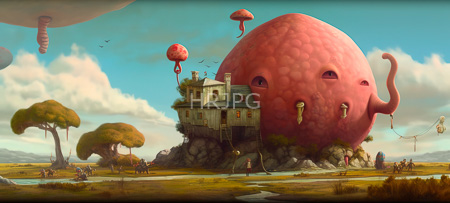 High Resolution: Eccentric surreal landscape features a large pink mushroom-like creature as a central feature with textured skin and tentacles and a small house on a rocky base nearby download. | HRJPG.com
