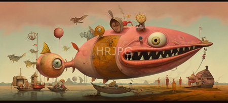High Resolution: Whimsical surreal cityscape filled with pastel colors and fantastical elements features two large pink creatures resembling jellyfish floating in front of ornate buildings adorned with balloons download. | HRJPG.com