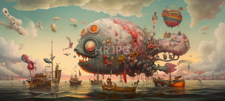 High Resolution: Enormous whimsical sea creature with large eyes and sharp teeth floats in calm waters at sunset adorned with colorful mechanical parts like gears and pipes download. | HRJPG.com