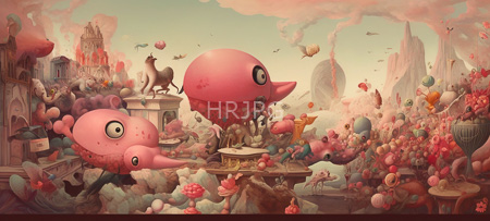 High Resolution: Whimsical surreal cityscape filled with pastel colors and fantastical elements features two large pink creatures resembling jellyfish floating in front of ornate buildings download. | HRJPG.com