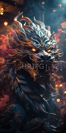 High Resolution: Intimidating metallic dragon featuring twisted horns and detailed scales with glowing orange eyes and sharp fangs against a dark backdrop download. | HRJPG.com