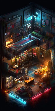 High Resolution: Intricate neon-lit urban apartment complex viewed from above at night with vibrant colors and various illuminated room signs download. | HRJPG.com