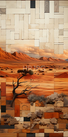 High Resolution: Abstract geometric wood-patterned tiles in beige brown and black overlaying a desert landscape under orange sunset skies download. | HRJPG.com