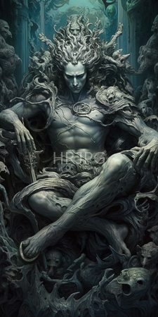 High Resolution: Ethereal muscular male figure with flowing hair and skull-like adornments sitting amidst swirling dark tendrils and holding skulls download. | HRJPG.com