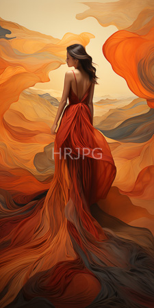 High Resolution: Ethereal woman with long dark hair standing in swirling desert-like landscape wearing a flowing backless crimson dress download. | HRJPG.com