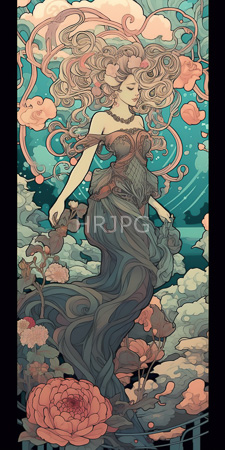 High Resolution: Ethereal fair-skinned woman with pink and blonde curly hair floating amidst clouds against a teal sky background download. | HRJPG.com