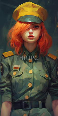 High Resolution: Attractive young woman with vibrant red hair wearing a green military-style uniform and yellow cap download. | HRJPG.com