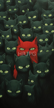 High Resolution: Numerous black cats with glowing yellow eyes densely packed together with one prominent striking red cat at the center download. | HRJPG.com
