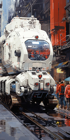 High Resolution: Industrial cityscape featuring a large white futuristic spacecraft being transported by rail tracks in rainy weather download. | HRJPG.com