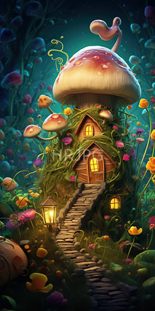 High Resolution: Whimsical enchanted mushroom house in a vibrant forest at night featuring glowing yellow windows and colorful adornments download. | HRJPG.com