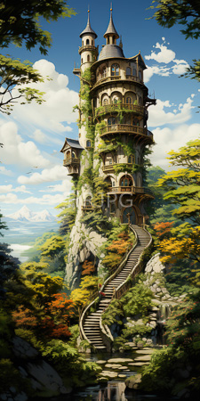 High Resolution: Enchanting towering medieval-style castle covered in lush greenery on a rocky cliff leading to a serene pond download. | HRJPG.com