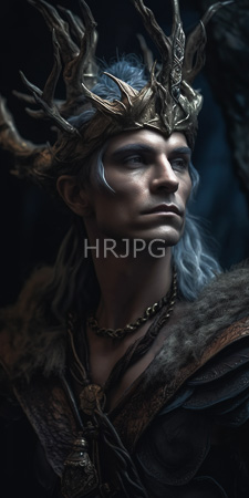 High Resolution: Androgynous pale-skinned character with silver hair wearing ornate antlered gold headgear and fur-trimmed armor download. | HRJPG.com