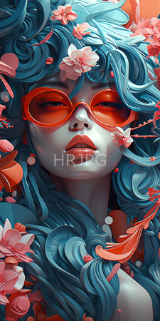High Resolution: Ethereal woman with flowing wavy teal hair adorned in pink flowers wearing large red sunglasses download. | HRJPG.com