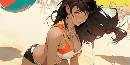 High Resolution: Anime-style drawing of an attractive tan-skinned woman in an orange-and-white bikini holding a volleyball on a sandy beach download. | HRJPG.com