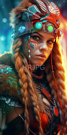 High Resolution: Attractive fair-skinned woman with braided blonde hair wearing steampunk-inspired gear and tribal face paint download. | HRJPG.com