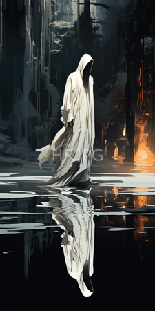 High Resolution: Ethereal figure in flowing white robes hooded and faceless standing on reflective water amidst abstract urban ruins download. | HRJPG.com