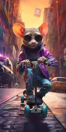 High Resolution: Anthropomorphic mouse with large pink ears riding a teal-wheeled scooter in a neon-lit urban street at sunset download. | HRJPG.com