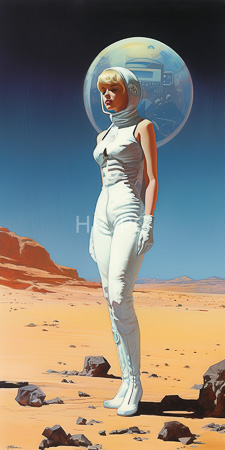 High Resolution: Astronaut woman with blonde hair wearing a white futuristic bodysuit and helmet standing on orange desert terrain download. | HRJPG.com