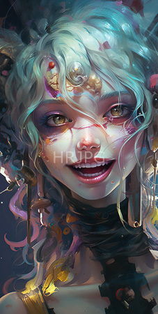High Resolution: Ethereal fantasy-style young woman with wavy white hair and vibrant blue-green highlights wearing a golden headpiece download. | HRJPG.com
