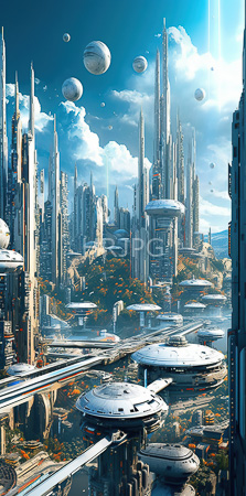 High Resolution: Expansive futuristic cityscape with towering sleek skyscrapers and floating dome structures under a bright blue sky download. | HRJPG.com