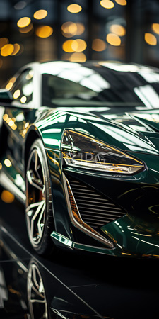 High Resolution: Elegant dark green sports car with sleek lines and reflective surfaces on display in a dim-lit showroom download. | HRJPG.com