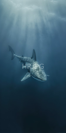 High Resolution: Enormous solitary great white shark swimming underwater in deep blue ocean water with sunlight rays filtering from above download. | HRJPG.com