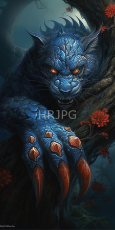 High Resolution: Intimidating blue-scaled weretiger with glowing orange eyes gripping dark tree branches adorned with red flowers download. | HRJPG.com