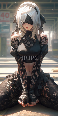 High Resolution: 2B character kneeling in an urban setting with soft sunlight filtering through industrial structures behind her download. | HRJPG.com