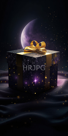 High Resolution: Elegant starry gift box with glittery black wrapping and golden ribbon against dark fabric adorned by gold sparkles download. | HRJPG.com