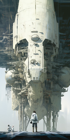 High Resolution: Enormous white spacecraft towering over two small figures in futuristic attire on a misty platform download. | HRJPG.com