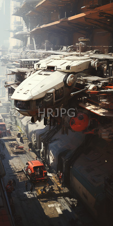 High Resolution: Detailed industrial futuristic cityscape with towering structures and a large white flying vehicle hovering above download. | HRJPG.com