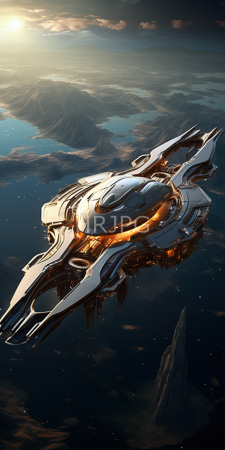 High Resolution: Elegant futuristic spaceship with sleek metallic silver and gold accents floating above reflective water at sunset download. | HRJPG.com