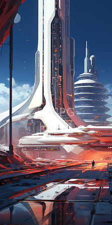 High Resolution: Futuristic cityscape with towering sleek skyscrapers in white and black hues under a deep blue sky download. | HRJPG.com