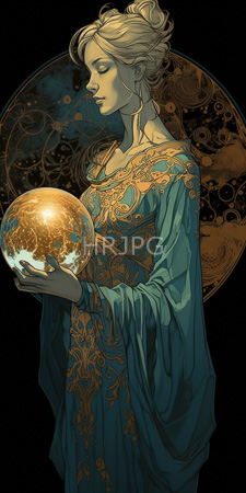 High Resolution: Ethereal blonde woman with closed eyes wearing ornate teal and gold robes holding a glowing golden orb download. | HRJPG.com