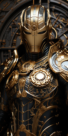 High Resolution: Armored superhero with gold and black metallic armor featuring intricate patterns on chest plate and shoulder guards download. | HRJPG.com