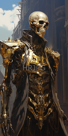 High Resolution: Anthropomorphic golden skeletal figure with intricate mechanical armor and black cloak in front of gothic architecture download. | HRJPG.com
