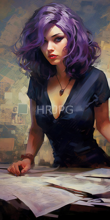 High Resolution: Attractive young woman with wavy purple hair and fair skin leaning over papers on a desk in front of her download. | HRJPG.com