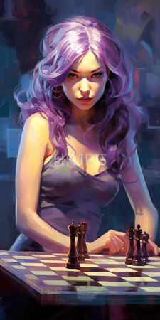 High Resolution: Attractive woman with wavy purple hair and fair skin playing chess in dim lighting download. | HRJPG.com