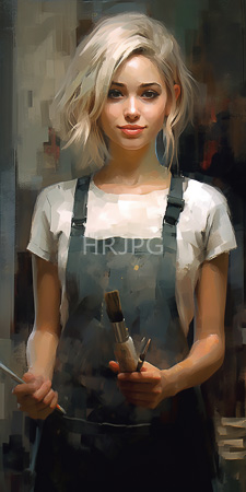 High Resolution: Attractive young woman with fair skin and short wavy blonde hair wearing black overalls and holding paintbrushes download. | HRJPG.com