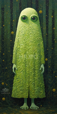 High Resolution: Eerie green creature with large round eyes and textured skin resembling mossy leaves standing in a dark forest download. | HRJPG.com