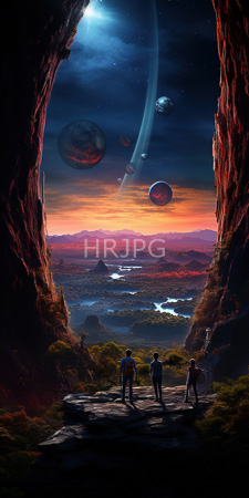 High Resolution: Three silhouetted figures standing in an ancient rocky canyon at sunset gazing upon distant alien planets download. | HRJPG.com